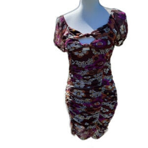 Sale Madden NYC Retro Floral Ruched Dress Cut Outs Medium BodyCon Short Sleeve